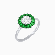 Vintage Inspired Round Cut Ring with Sunburst French - Cut Gemstone Halo - Shahin Jewelry